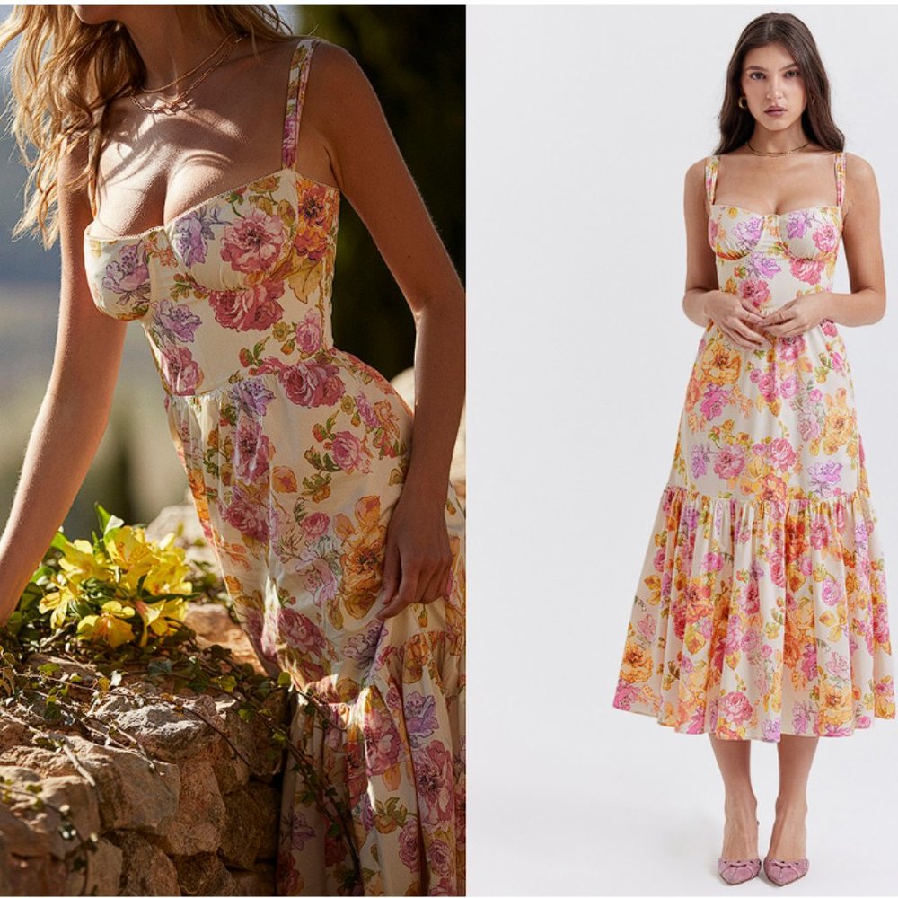 HOUSE OF CB 'Elia' Ivory Floral Midi Sundress NWOT